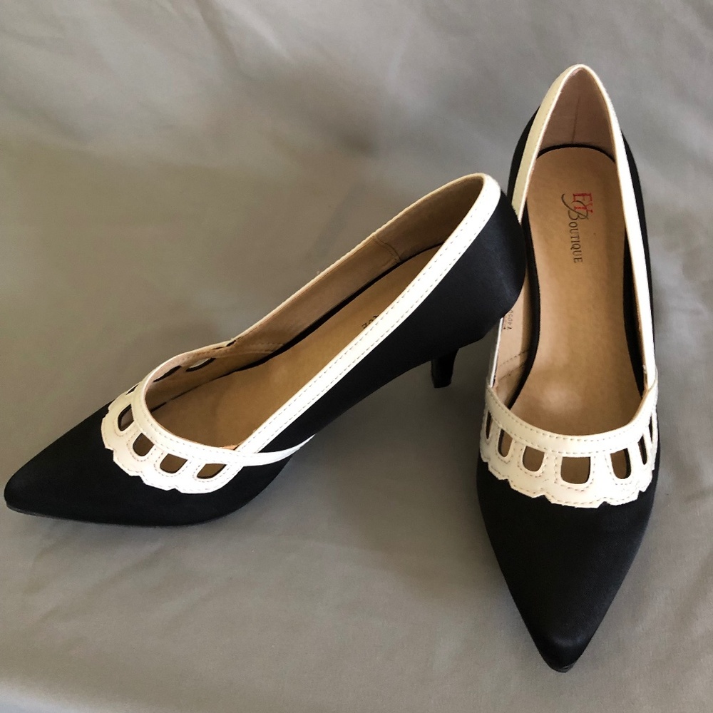 Especially Yours Boutique Black Satin Heels with White Patent Leather Details